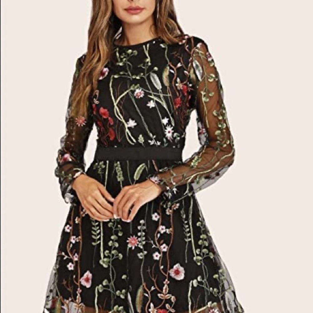 EMBROIDERED MESH OVERLAY DRESS